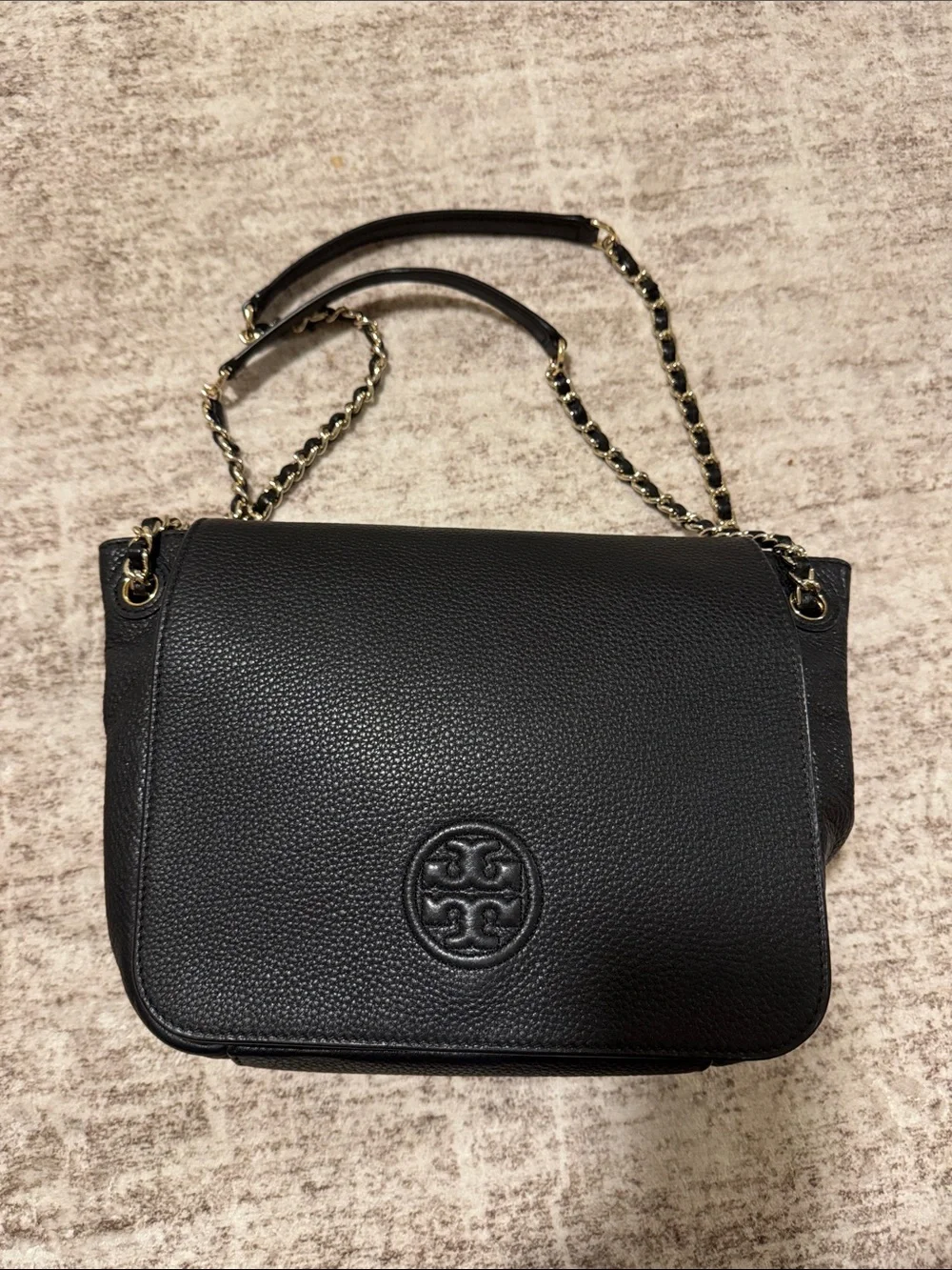 Tory Burch Black Pebbled Leather Chain Shoulder/Crossbody Bag Silver Hardware